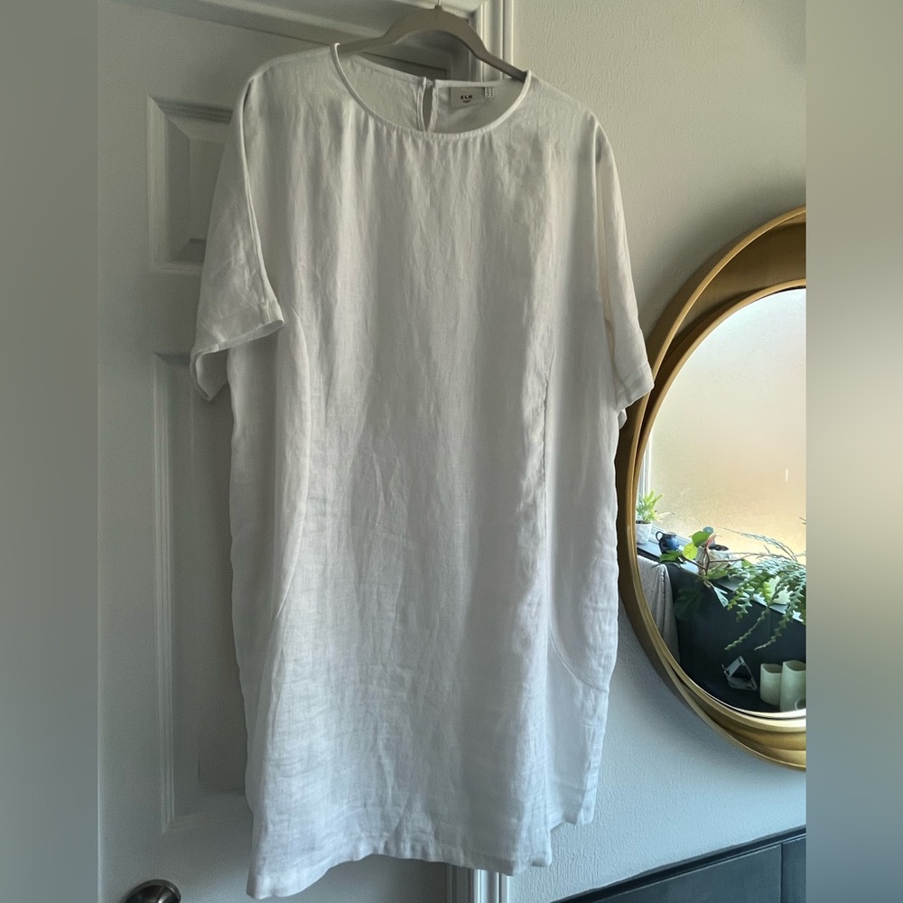 Elk French Linen White Short Sleeve Shift Dress with Pockets - US Size 10